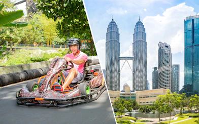 Go-karting at Sunway Lagoon Theme Park and view of Petronas Twin Towers, Kuala Lumpur.