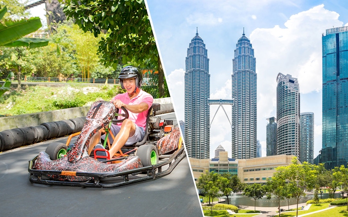 Go-karting at Sunway Lagoon Theme Park and view of Petronas Twin Towers, Kuala Lumpur.