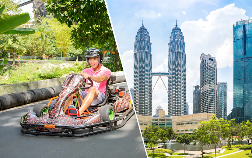 Go-karting at Sunway Lagoon Theme Park and view of Petronas Twin Towers, Kuala Lumpur.
