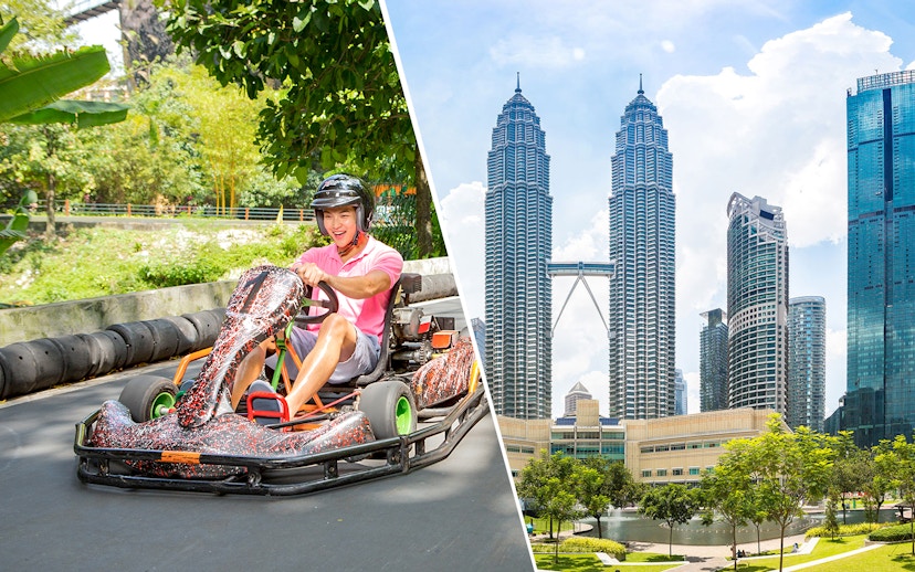 Go-karting at Sunway Lagoon Theme Park and view of Petronas Twin Towers, Kuala Lumpur.