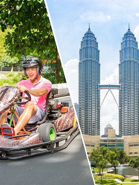 Go-karting at Sunway Lagoon Theme Park and view of Petronas Twin Towers, Kuala Lumpur.