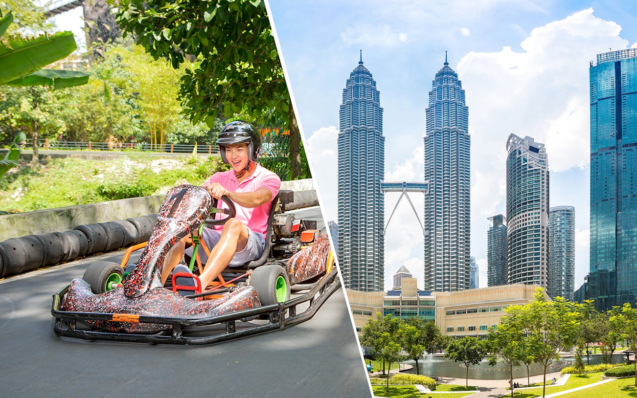 Go-karting at Sunway Lagoon Theme Park and view of Petronas Twin Towers, Kuala Lumpur.