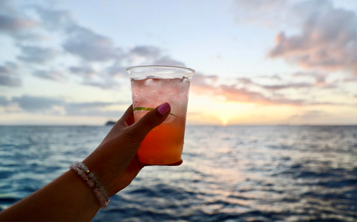 Hand holding a drink against Waikiki sunset during night fireworks sail.