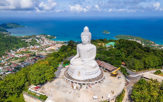 Big Buddha statue overlooking Phuket town and coastline, Thailand.