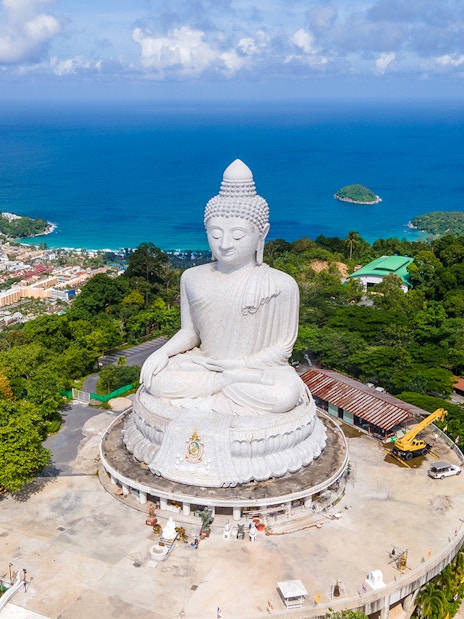 Big Buddha statue overlooking Phuket town and coastline, Thailand.