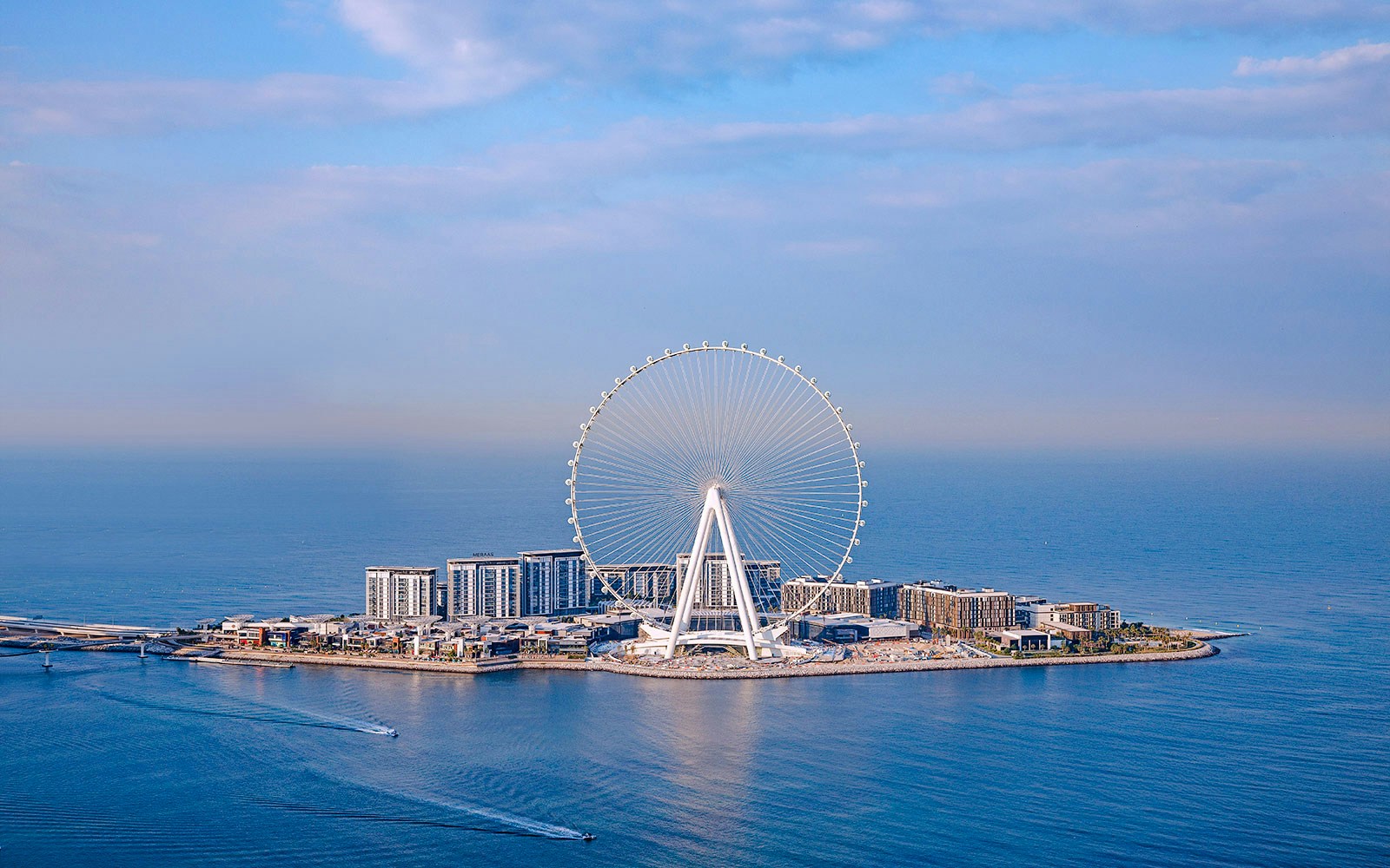 Aerial view of Ain Dubai Ferris wheel on Bluewaters Island, Dubai.