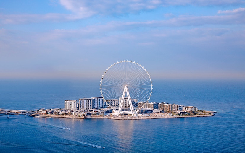 Aerial view of Ain Dubai Ferris wheel on Bluewaters Island, Dubai.