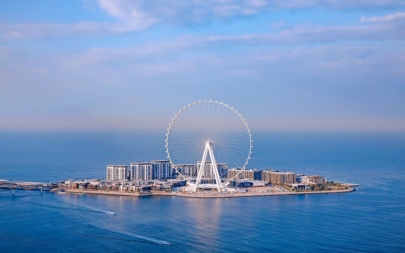 Aerial view of Ain Dubai Ferris wheel on Bluewaters Island, Dubai.