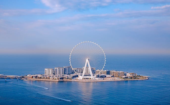 Aerial view of Ain Dubai Ferris wheel on Bluewaters Island, Dubai.