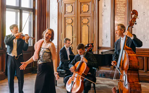 Musicians performing at Amadeus Concerts in Künstlerhaus with a singer and string instruments.