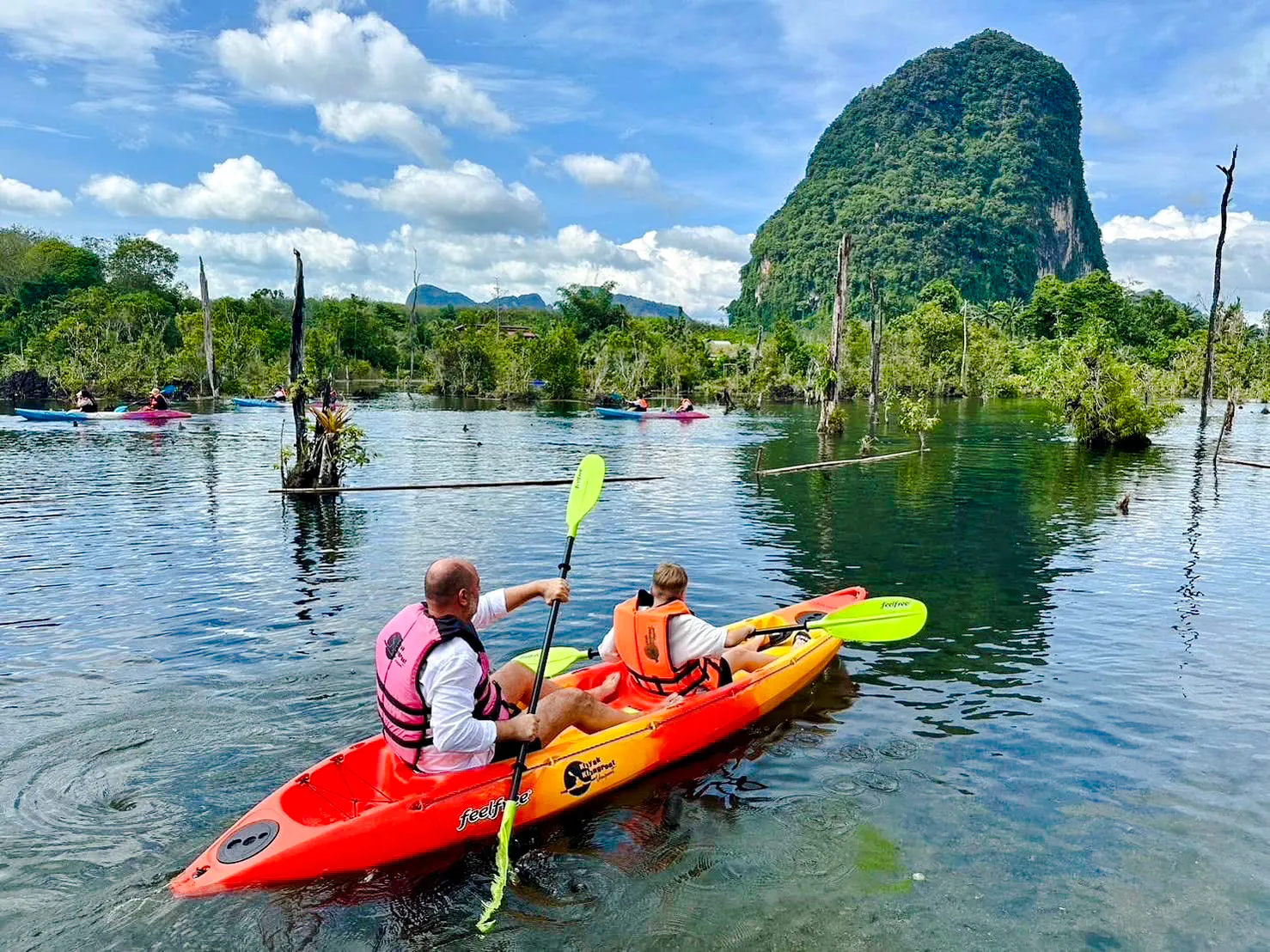 Kayakers paddling through lush mangroves in Krabi during a half-day tour.