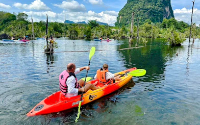 Kayakers paddling through lush mangroves in Krabi during a half-day tour.