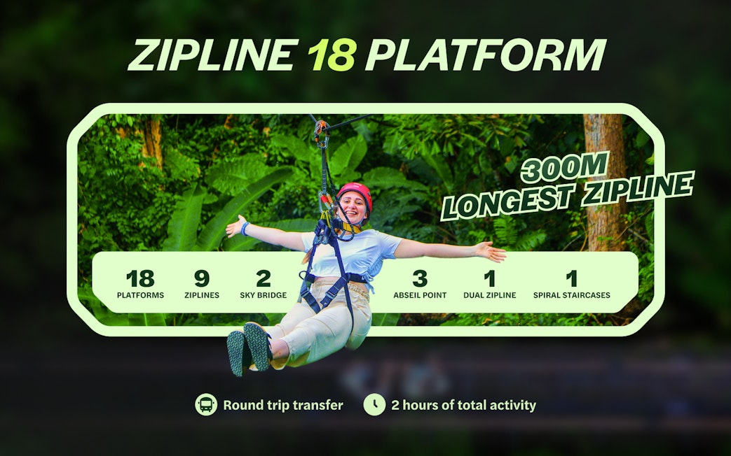 Ziplining at Hanuman World, Phuket with 18 platforms and 300m longest zipline.