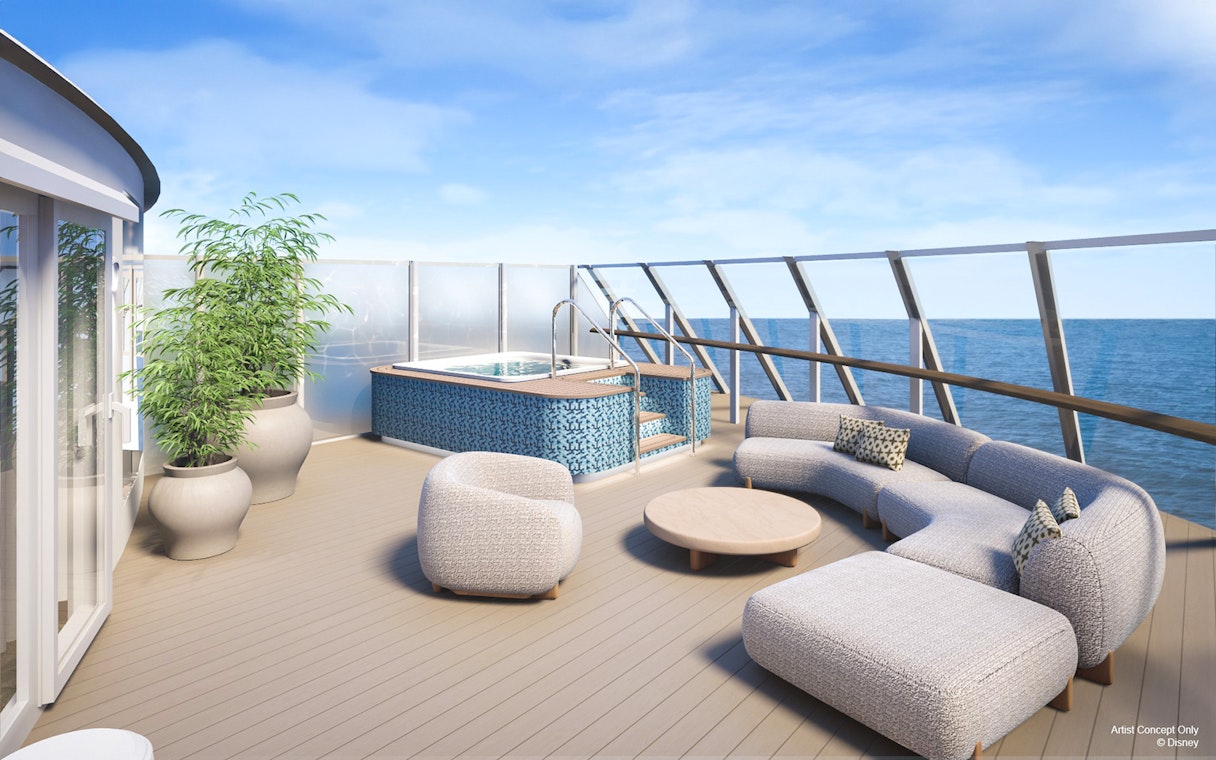 Concierge Royal Suite verandah with ocean view and hot tub on Disney Adventure Cruise.