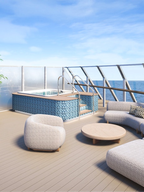 Concierge Royal Suite verandah with ocean view and hot tub on Disney Adventure Cruise.