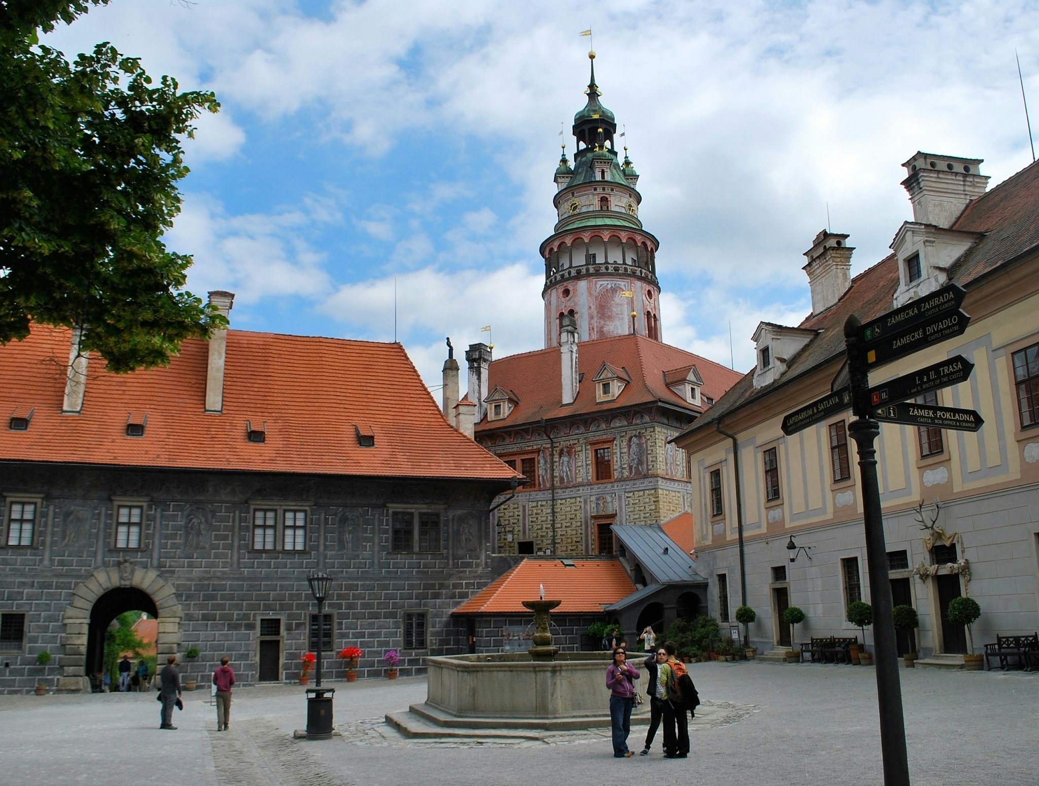 Cesky Krumlov Castle view with Vltava River in foreground, Czech Republic.