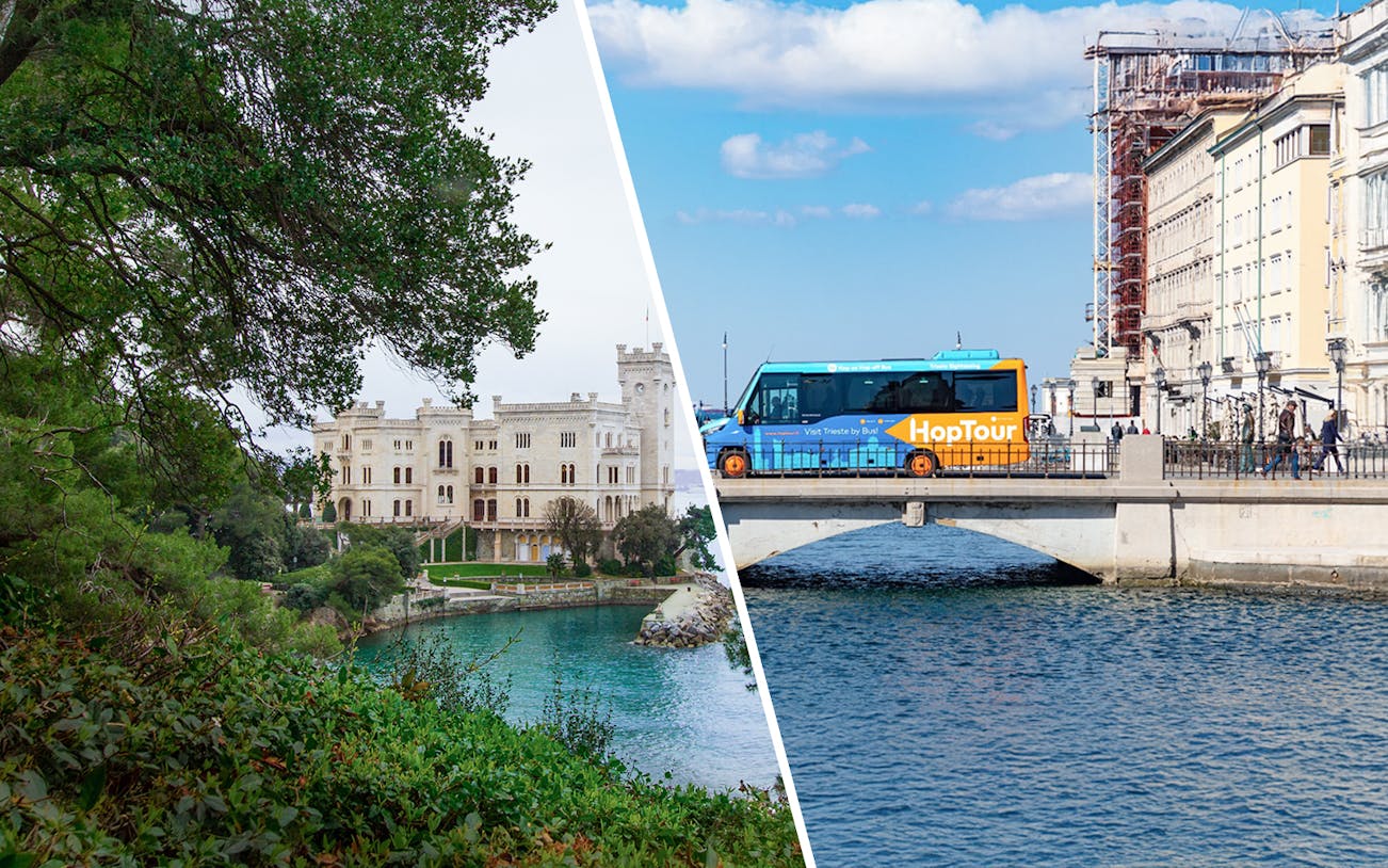 Miramare Castle by the sea and HopTour bus on Trieste bridge.