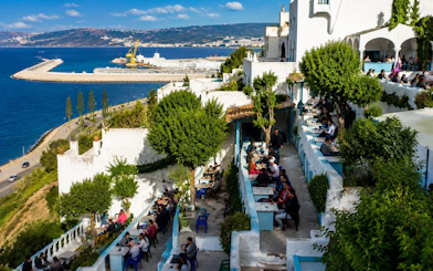 View from Café Hafa overlooking the sea and port in Tangier, Morocco.