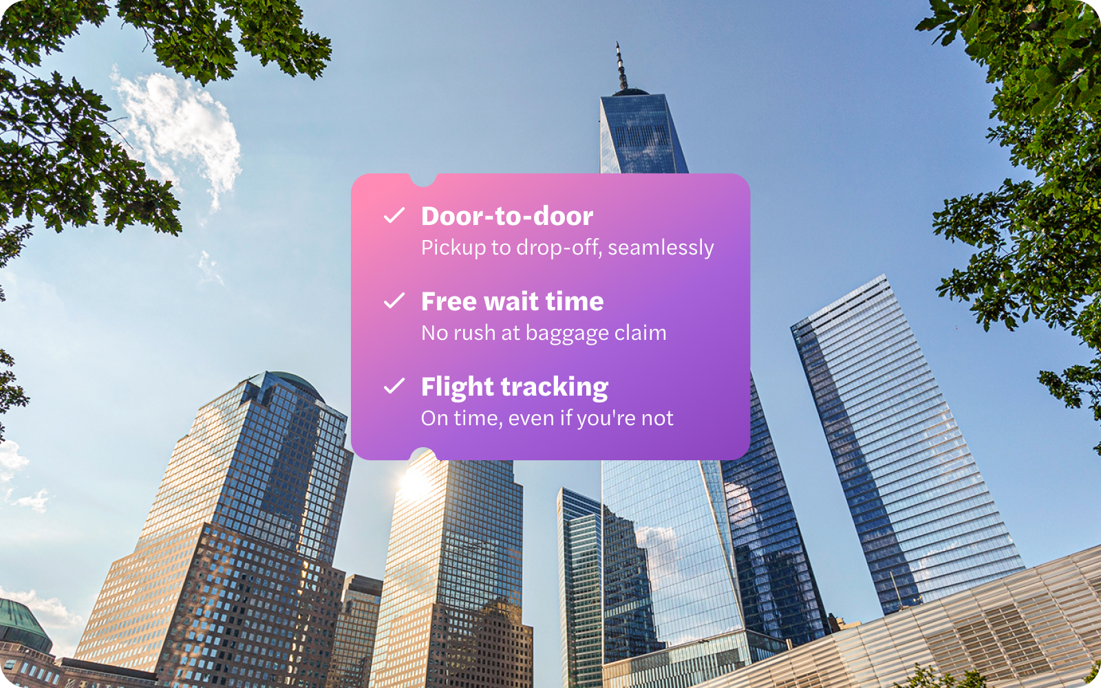 One World Trade Center and nearby skyscrapers in New York City with service features overlay.