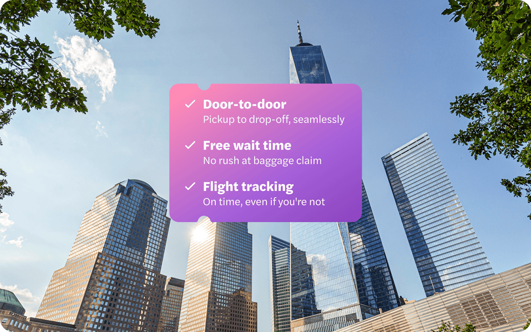 One World Trade Center and nearby skyscrapers in New York City with service features overlay.