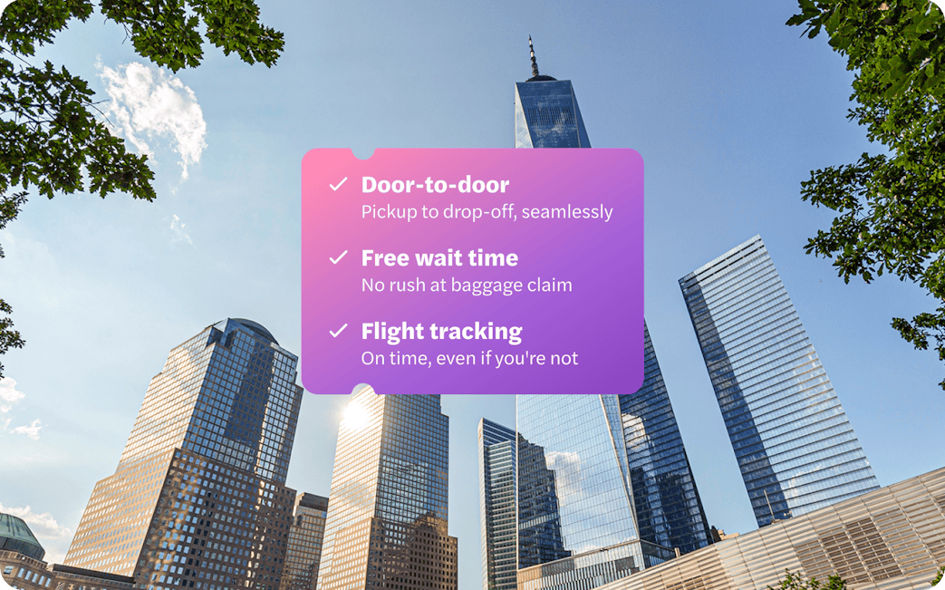 One World Trade Center and nearby skyscrapers in New York City with service features overlay.