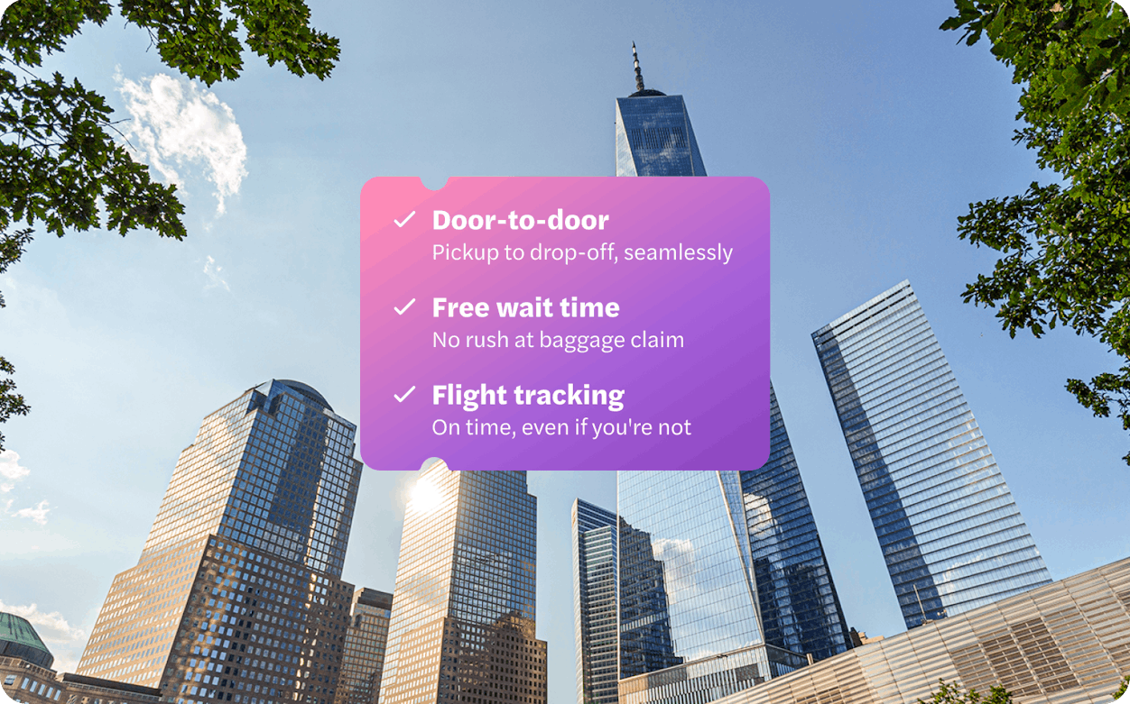 One World Trade Center and nearby skyscrapers in New York City with service features overlay.