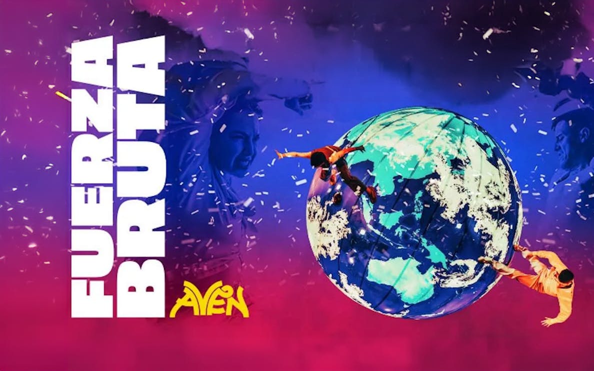 Performers suspended around a globe in Fuerzabruta show.