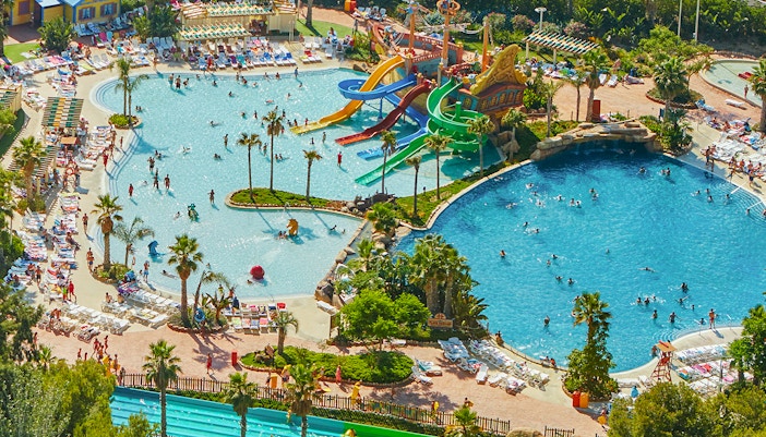 Water slides and pools at Caribe Aquatic Park, PortAventura, Spain.