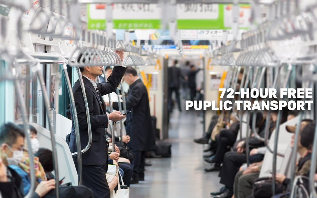 Tokyo subway passengers using 72-hour free public transport pass.