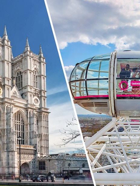 Westminster Abbey and London Eye capsule with city view, London.
