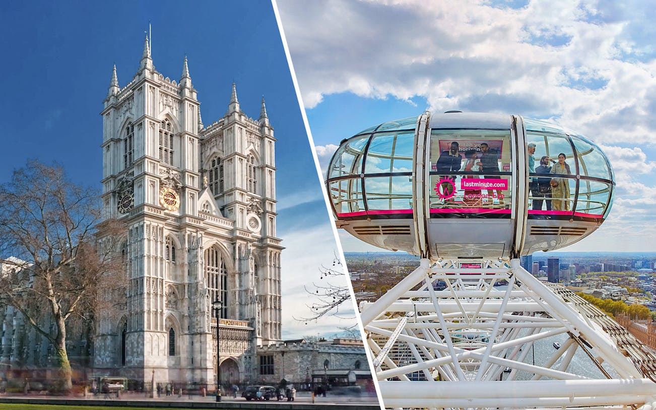 Westminster Abbey and London Eye capsule with city view, London.