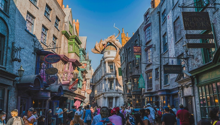 Diagon Alley at Universal Studios Orlando with Gringotts Bank and dragon.