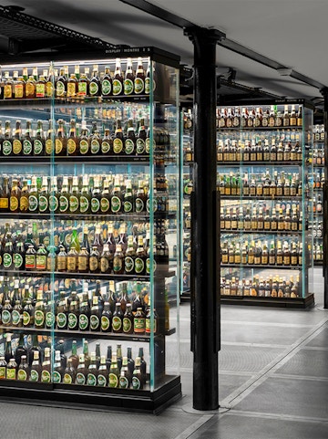 Beer bottle display at the Guinness Storehouse in Dublin, Ireland.