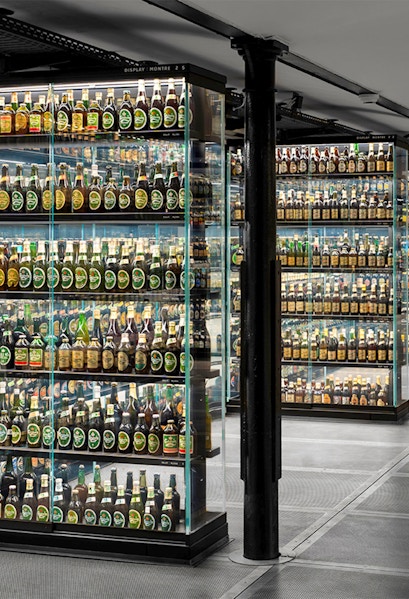 Beer bottle display at the Guinness Storehouse in Dublin, Ireland.