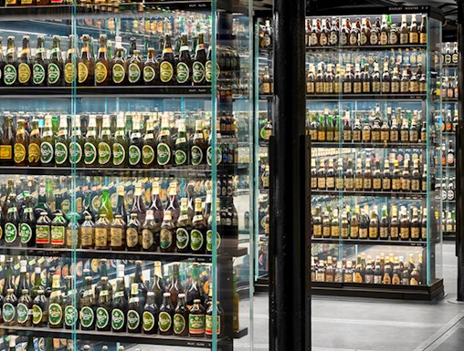 Beer bottle display at the Guinness Storehouse in Dublin, Ireland.