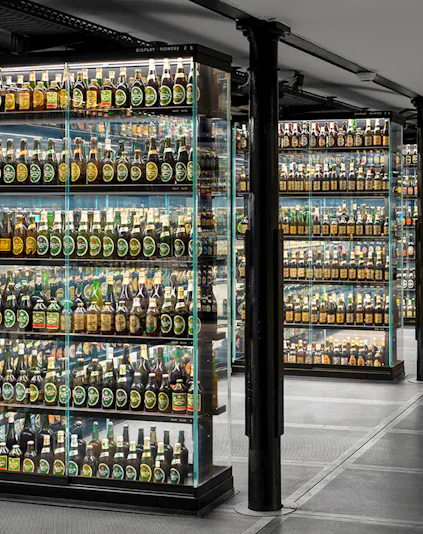 Beer bottle display at the Guinness Storehouse in Dublin, Ireland.