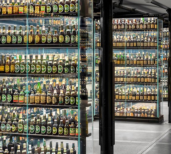 Beer bottle display at the Guinness Storehouse in Dublin, Ireland.