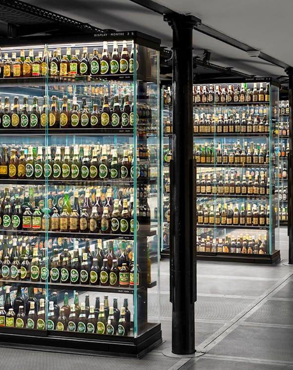 Beer bottle display at the Guinness Storehouse in Dublin, Ireland.