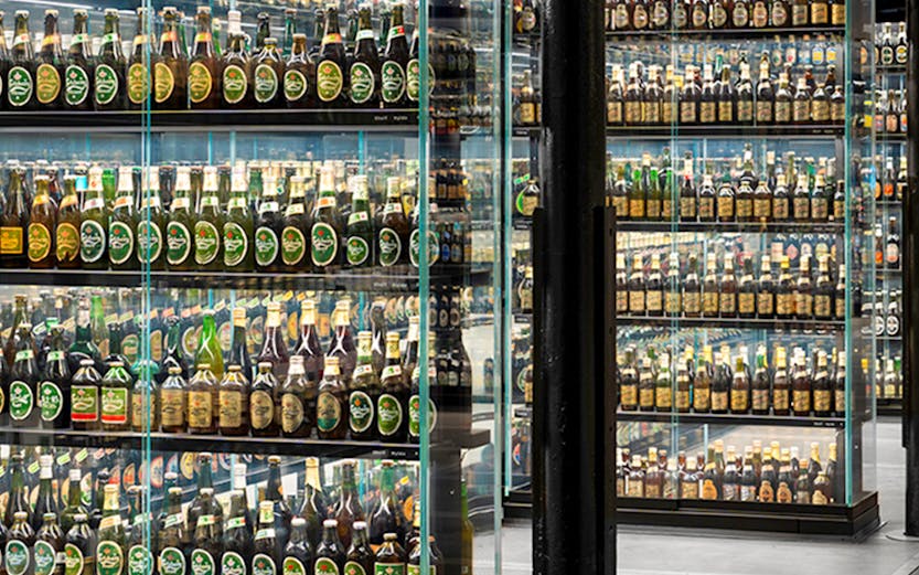 Beer bottle display at the Guinness Storehouse in Dublin, Ireland.
