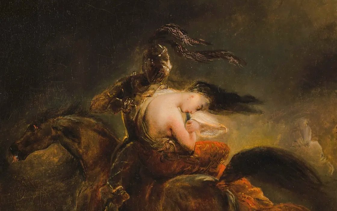 Romantic-era painting of a knight on horseback holding a woman, Musée de la Vie romantique, Paris.