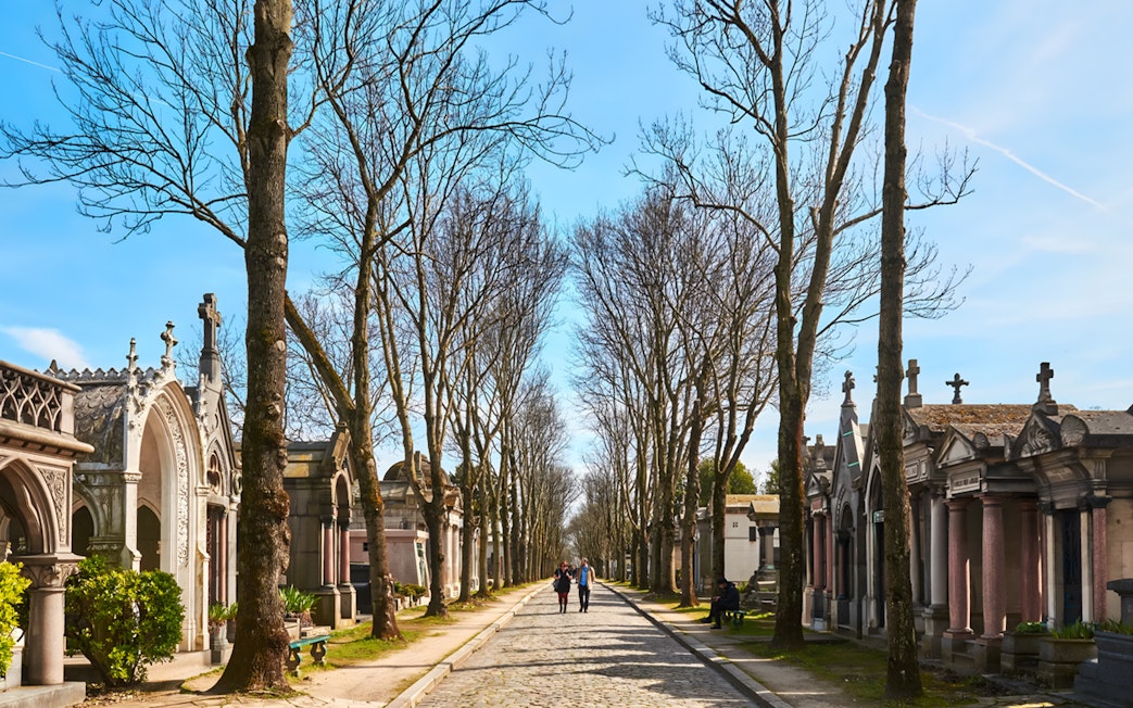 Cobblestone path lined with tombs and trees at Père Lachaise Cemetery, Paris.