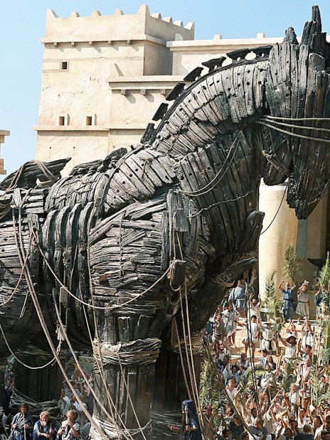 Trojan Horse replica at ancient Troy site, Istanbul tour.