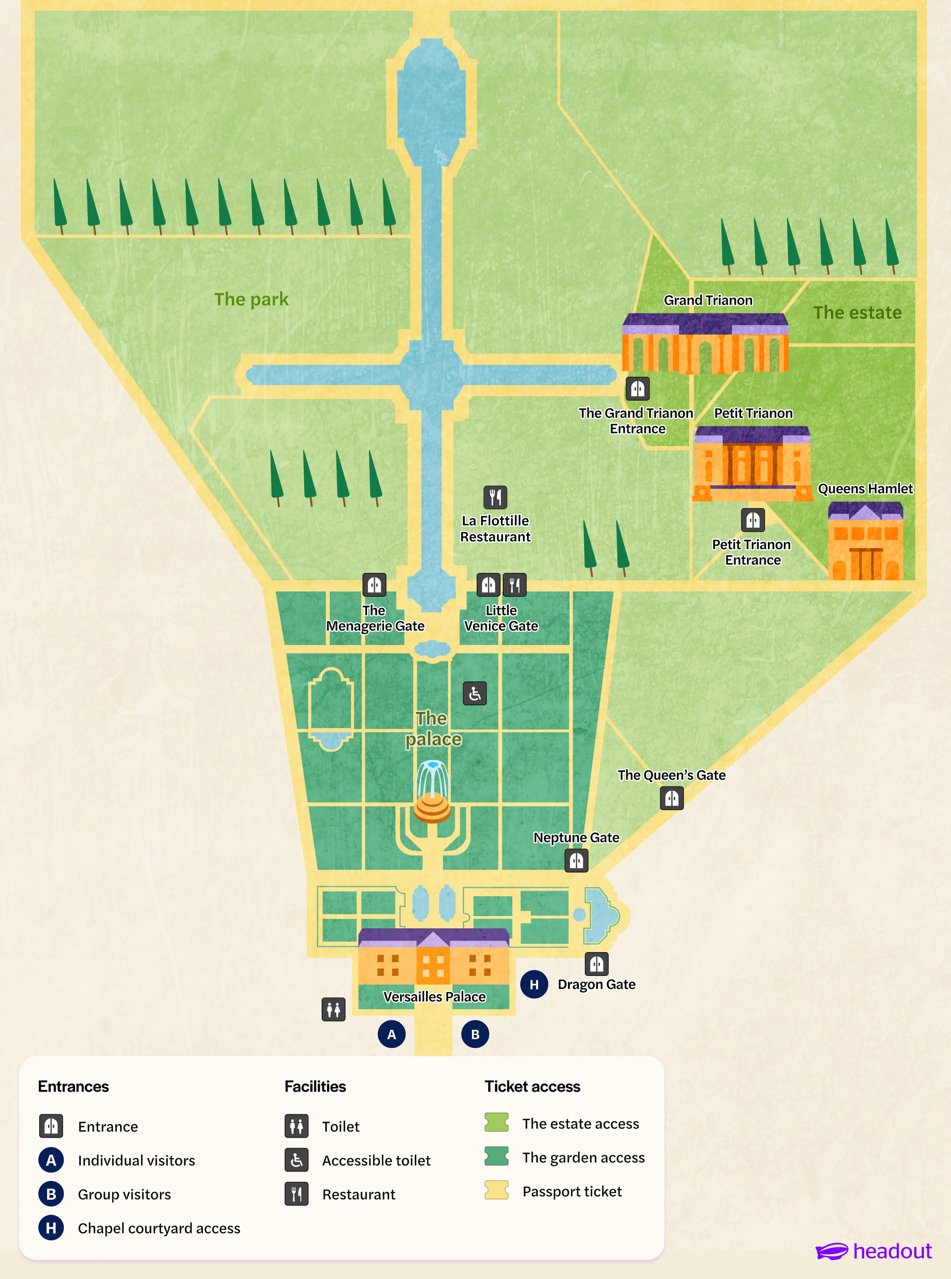 Palace of Versailles map showing entrances, gardens, and Trianon estates.