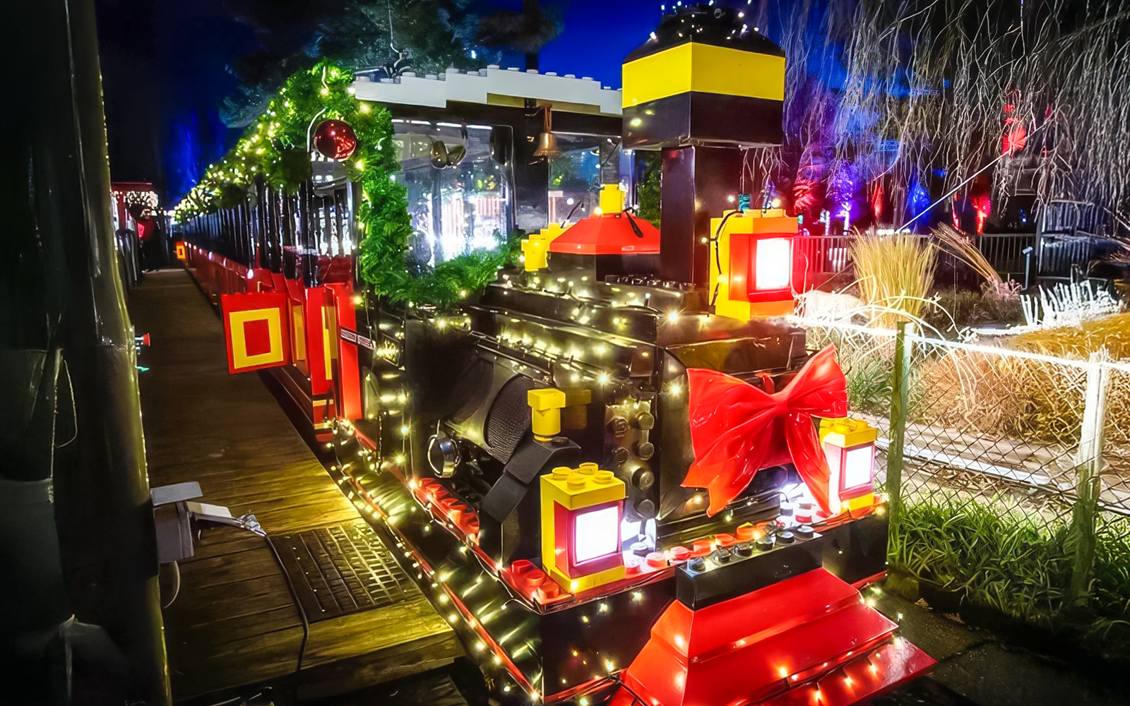 Train decorated with Christmas lights at LEGOLAND® Billund.