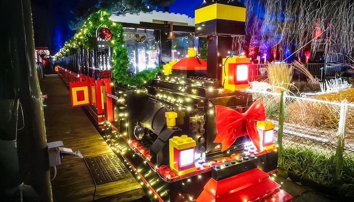 Train decorated with Christmas lights at LEGOLAND® Billund.