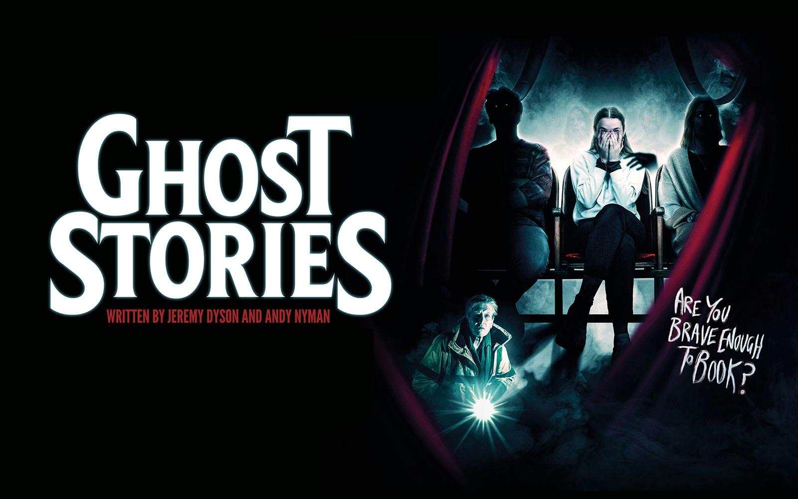 Ghost Stories show poster with seated figures and eerie atmosphere.