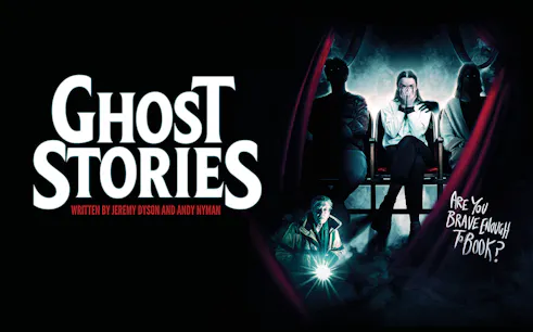 Ghost Stories show poster with seated figures and eerie atmosphere.
