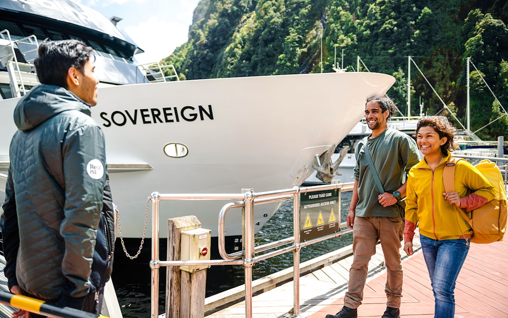 People boarding the Sovereign ship for a Milford Sound cruise.