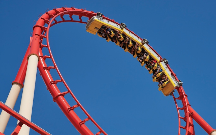 Roller coaster loop at an amusement park in Las Vegas, part of Go City attractions.