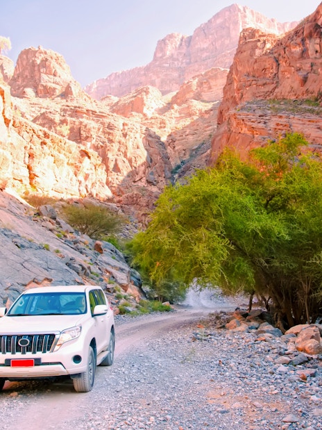 Car on rocky path in oasis surrounded by mountains, Oman.